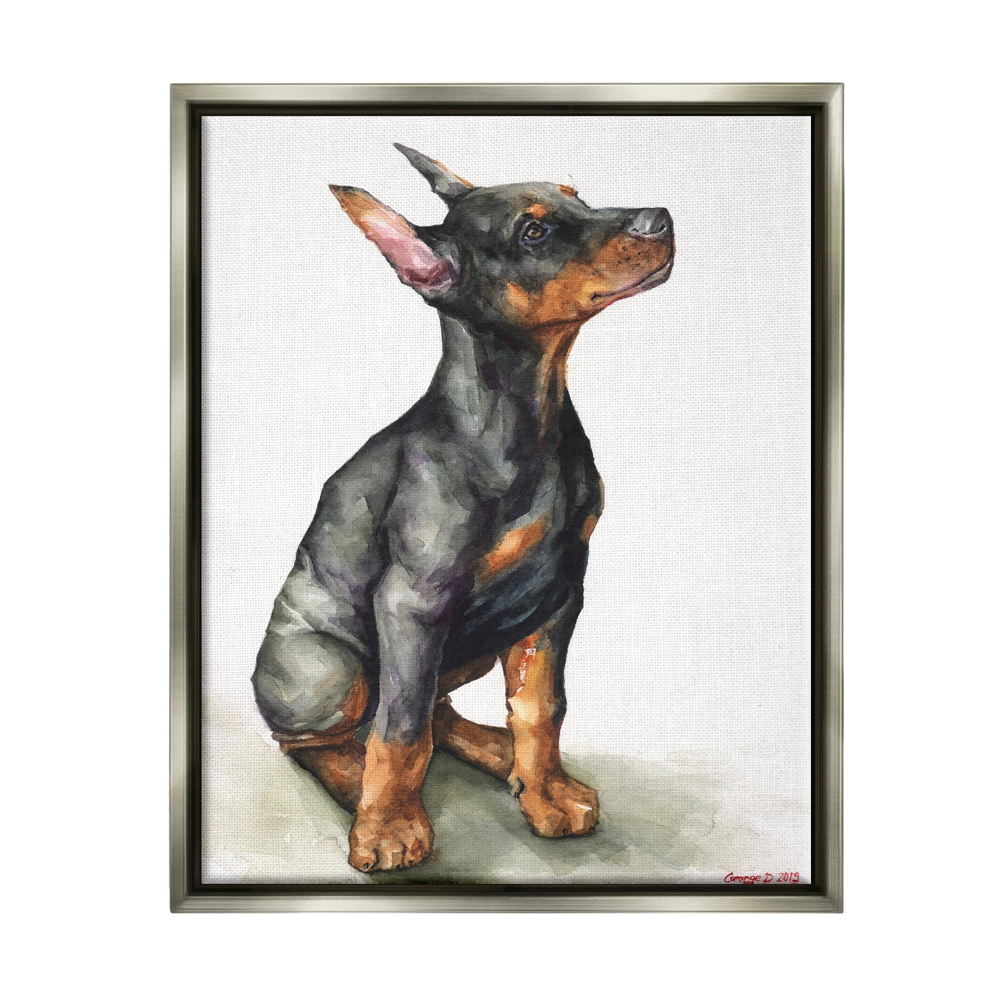 Stupell Industries Doberman Puppy Dog Pet Animal Watercolor Painting Luster Gray Framed Floating Canvas Wall Art, 24x30, by George Dyachenko