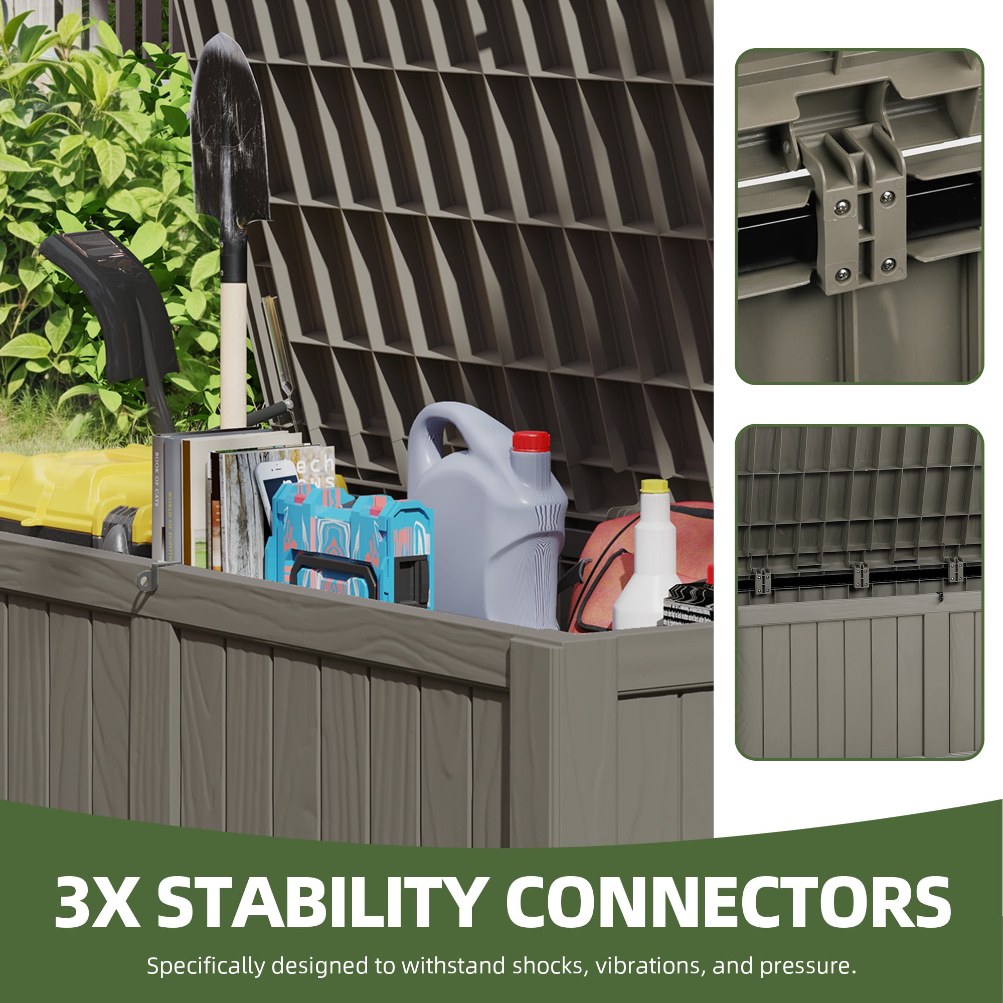 120-Gallon Light Brown Outdoor Storage Box - Weather-Resistant Resin Bin for Toys, Tools, and Blankets with Extra Seating and Easy-Move Handles
