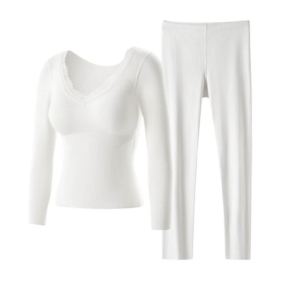 UAMVSH Thermal Underwear Sets for Women Slim Fit Long Sleeve Lace V-Neck Tops with Chest Pad Cropped Layering 2 Pieces Outfits(X-Large,White)