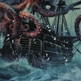 thumbnail image 5 of PRATYUS Octopus Shower Curtain Ocean Kraken Attack Nautical Pirate Ship Shower Curtain with Hooks, Octopus Tentacles Sailboat Wave Mountain Under Moon Starry Sky Shower Curtain 60x72, 5 of 7