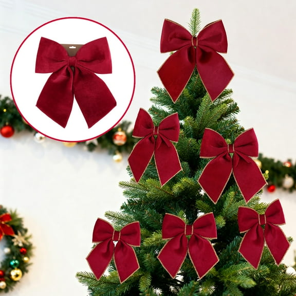 Velvet Christmas Bows, Green Wreath Bow Ornaments with Wired Edge for Christmas Tree Decorations, Xmas Tree Topper, Garland, Wrapping, and Holiday DIY Décor (Red Small)