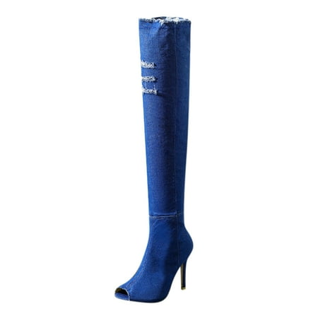 DVKOVI Cowboy Boots for Women Wide Calf Women s Open Toe Shoes Slim High Heel Over Knee High Boots Long Boots Shoes Fall Winter Tall Boots for Women Heel Boots for Women Navy 40