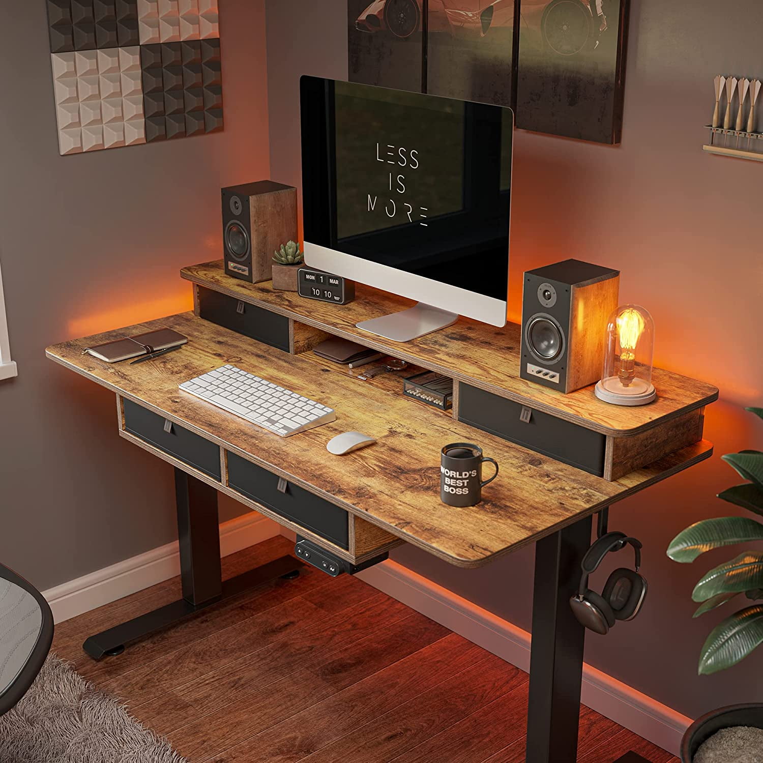 FEZIBO 48 x 24 Inch Height Adjustable Electric Standing Desk with 4 Drawers, Stand Up Table with Storage Shelf, Sit Stand Desk with Splice Board, Black Frame/Rustic Brown Top