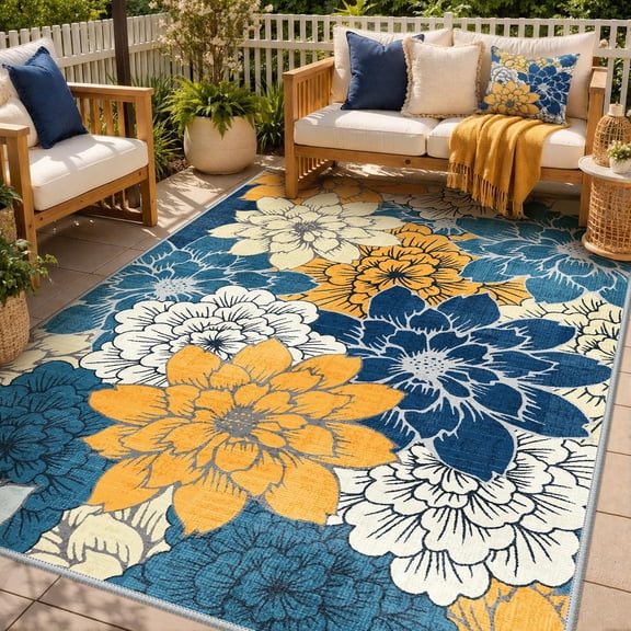 Indoor Outdoor Area Rug 4 ft x 6 ft Rectangular Machine Washable Waterproof Non-Slip Floral Design Navy Blue