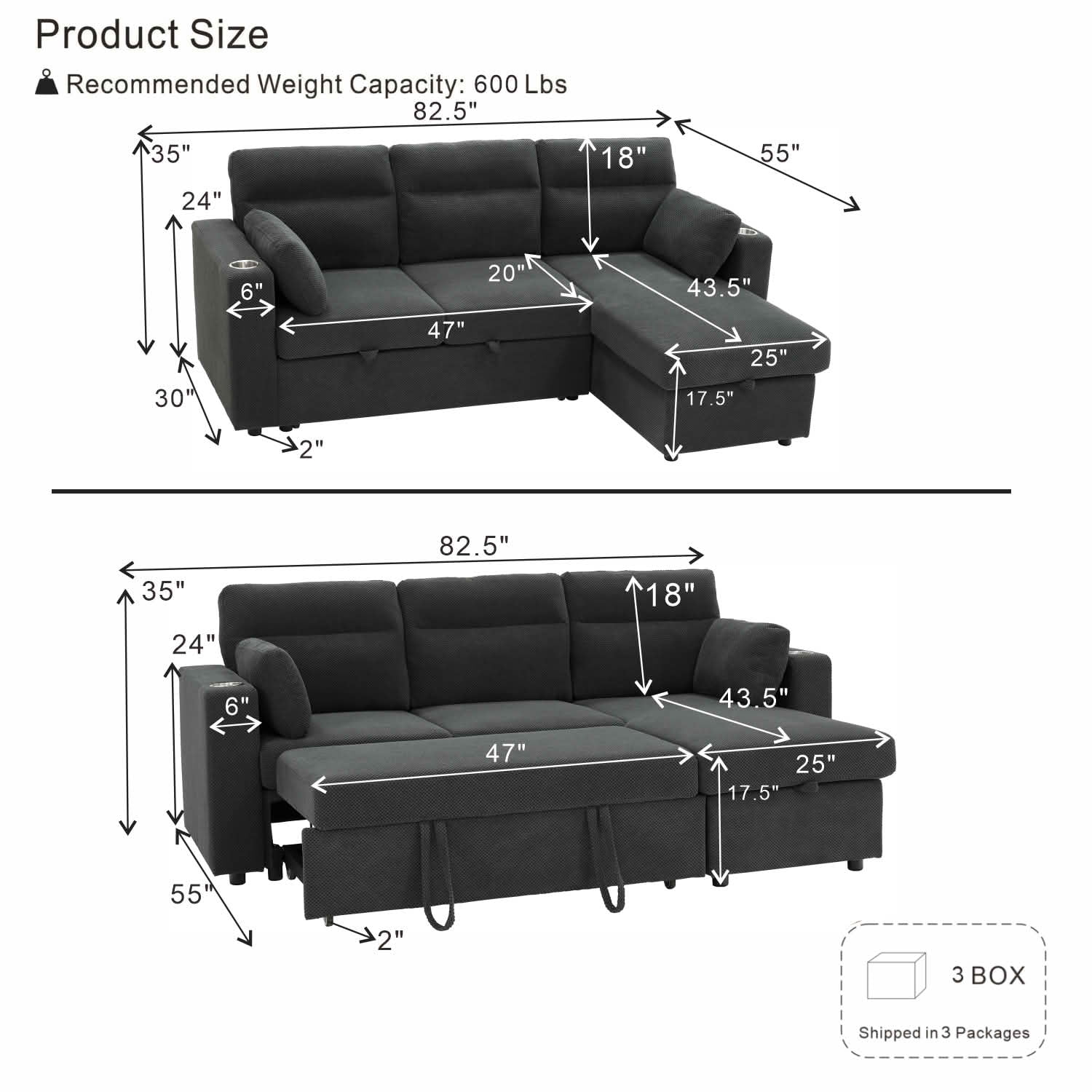MAYEERTY 82.5 Inch L‑Shaped Pull‑Out Sectional Sofa Bed, Convertible Sleeper Couch with Storage Chaise, Cup Holders & 2 Pillows for Apartments