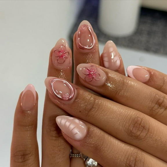 Almond Fake Nails Press On, 24Pcs Glossy Acrylic Nails with Flower Designs, 12 Sizes French Tips for Women