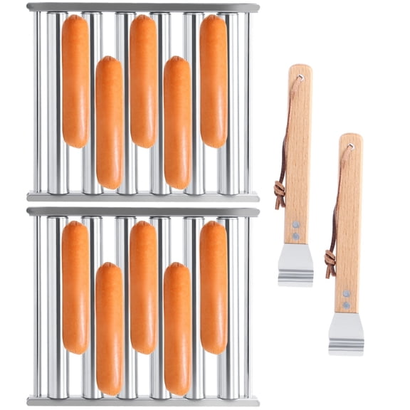 2Pcs Stainless Steel Hot Dog Roller for Grill, BBQ Sausage Roller Rack with Wood Handle, Grilling Tools Accessories for Outdoor(6.5 x 5.5 Inch)