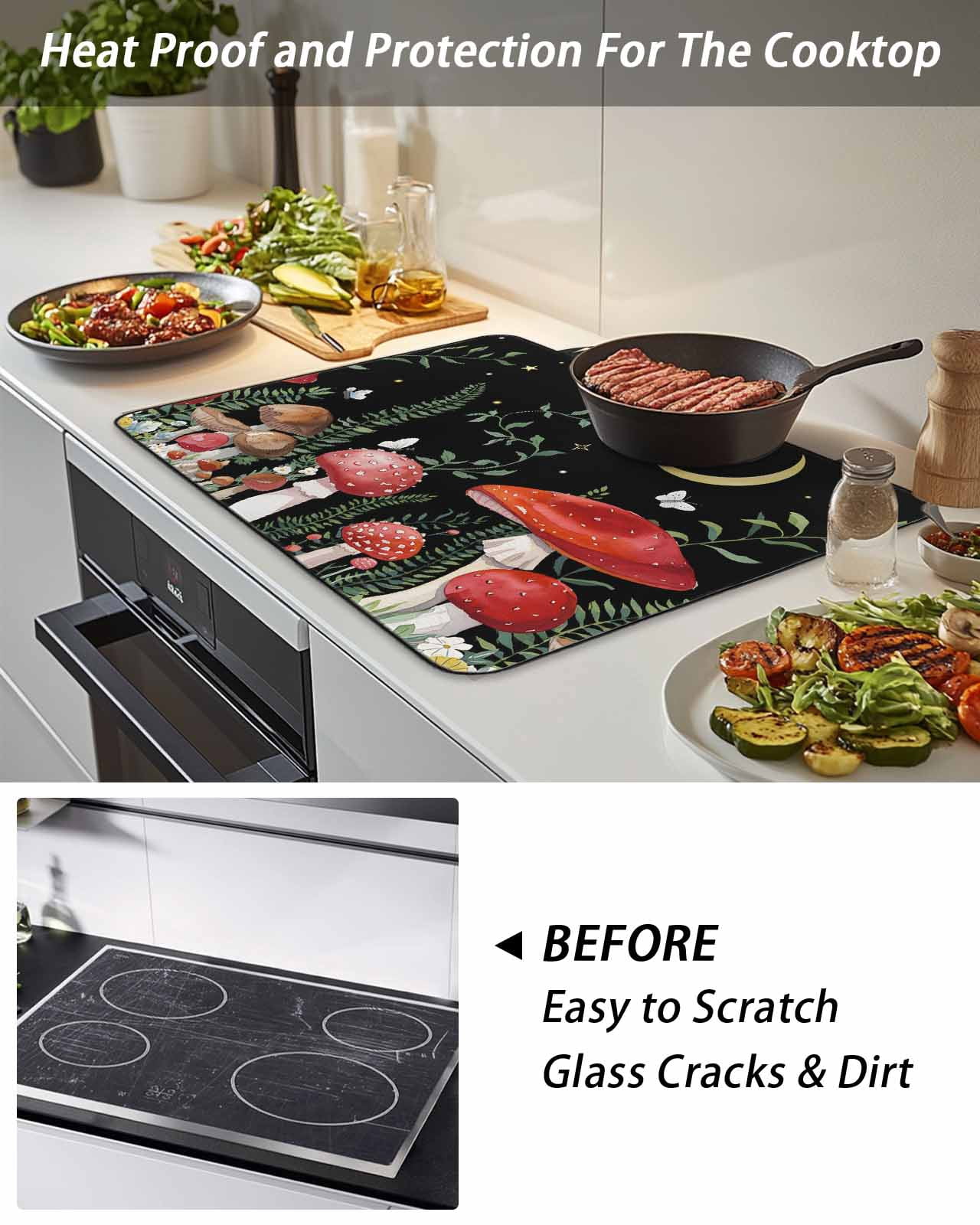Stove Top Covers for Electric Stove, Mushrooms Black Glass Stovetop Cover Protector, Botanical Leaf Butterflies Country Moon Induction Cooktop Protector Oven Mat for Kitchen Countertop 24"x21"