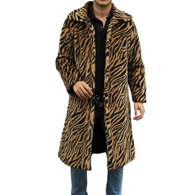 Gupgi Men Overcoat Leopard Zebra Print Faux Fur Coats Winter Warm Outerwear Long Sleeve Open Front Long Jacket