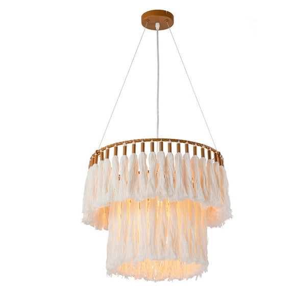 C Cattleya 1-Light Yellow Ochre Cotton Fringes Tiered Chandelier Ceiling Light