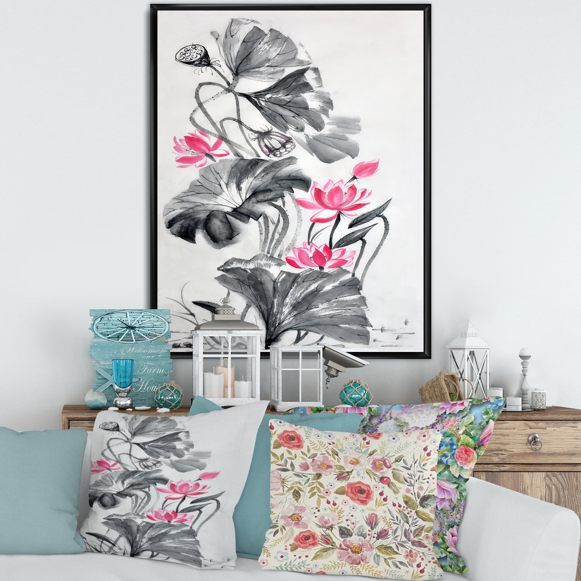 Designart 'Pink Vintage Lotus Flower and Monochrome Leaves' Traditional Framed Canvas Wall Art Print