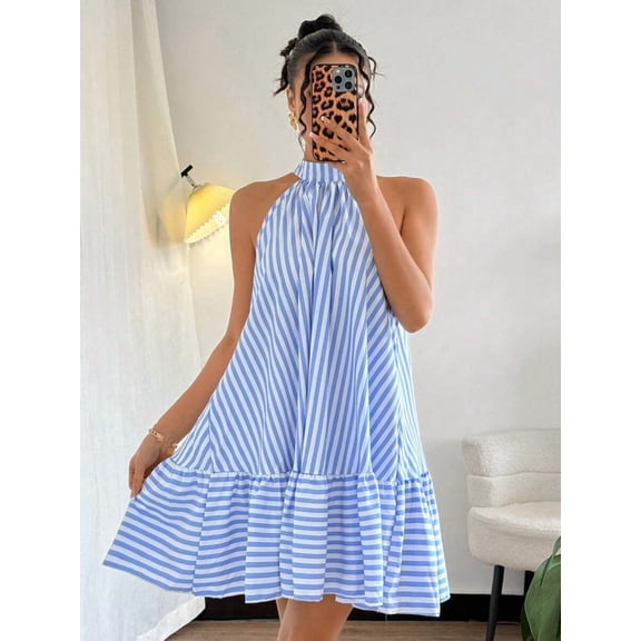 Blue And White Sleeveless Halter Neck Frill Trim Striped Vacation Dress For Women