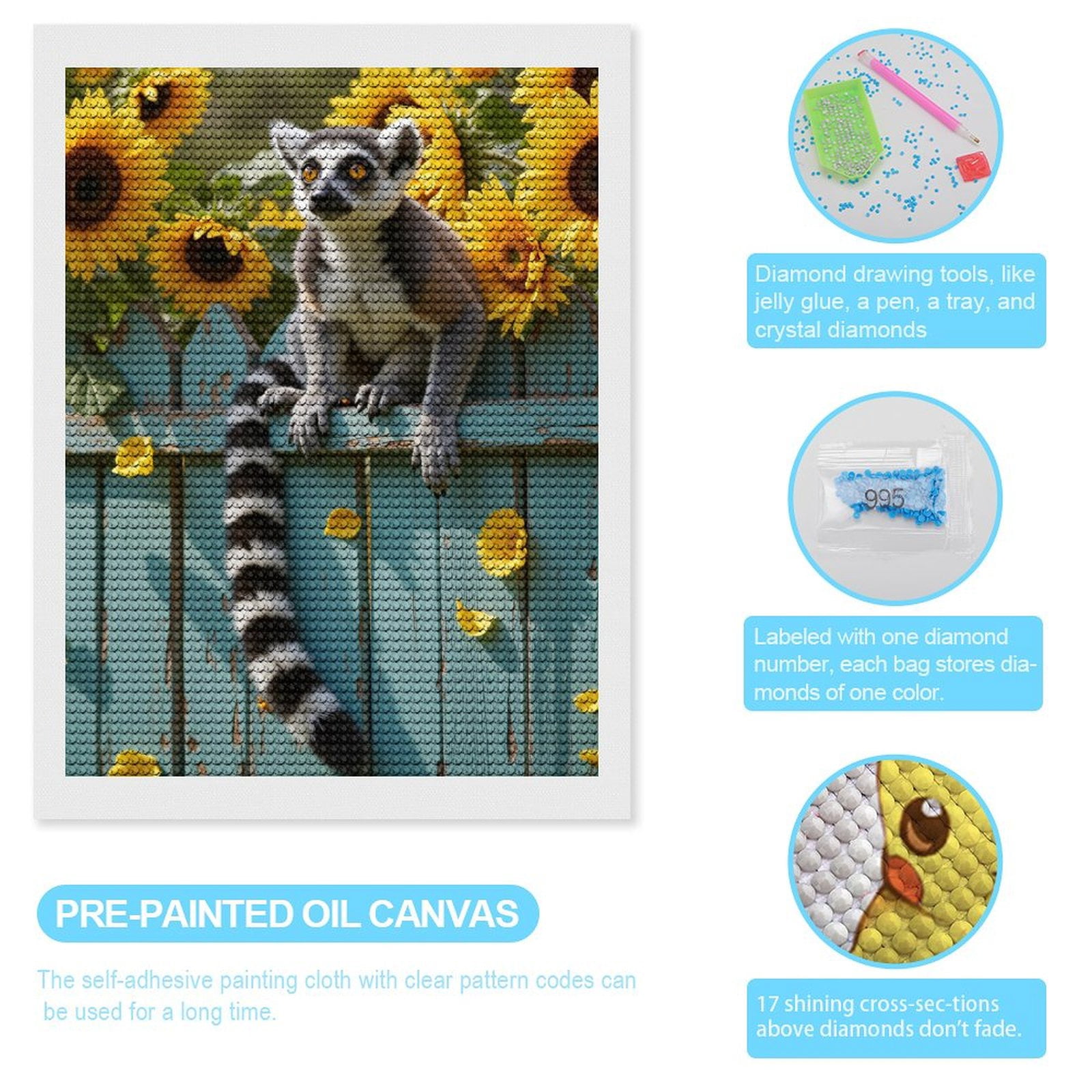 Diamond Art Kits for Adults, Lemur Sunflowers Fence Bright Scene 5D Diamond Painting Kits for Adults Beginners, DIY Full Drill Diamond Painting, Gem Art and Crafts 12x16