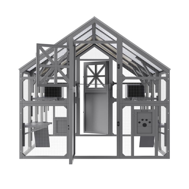 Mirightone Extra Large Catio Outdoor Cat Enclosure with Bridges, 8 Platforms and 2 Resting Boxes, Walk-in Outdoor Cat Enclosure with Weatherproof Cover for Multiple Pets, Grey