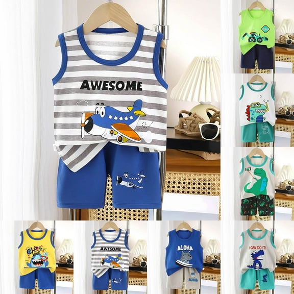 Gerichy Toddler Baby Boys Summer Outfits Short Sleeve Cartoon Print T-Shirt Tops & Shorts Sets 2Pcs Cute Baby Boys Cotton Summer Clothes For 1t 2t 3t 4t 5t 6t Boy Summer Vest Shorts Outfits