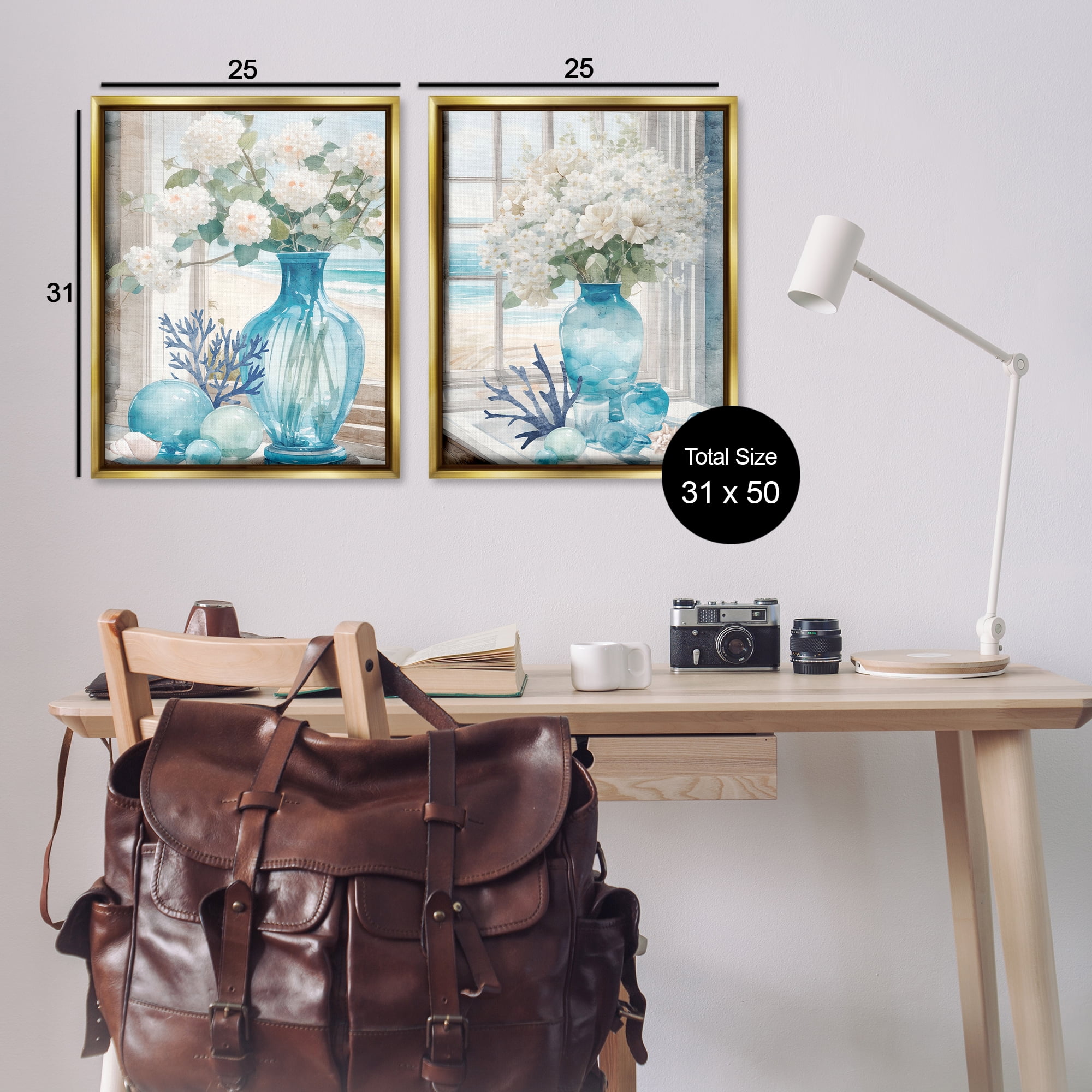 Stupell Industries Sea Glass Coral Beach Bouquet Plants & Flowers Painting Gold Floater Framed Canvas Art Print Wall Art, 31 x 25, Set of 2