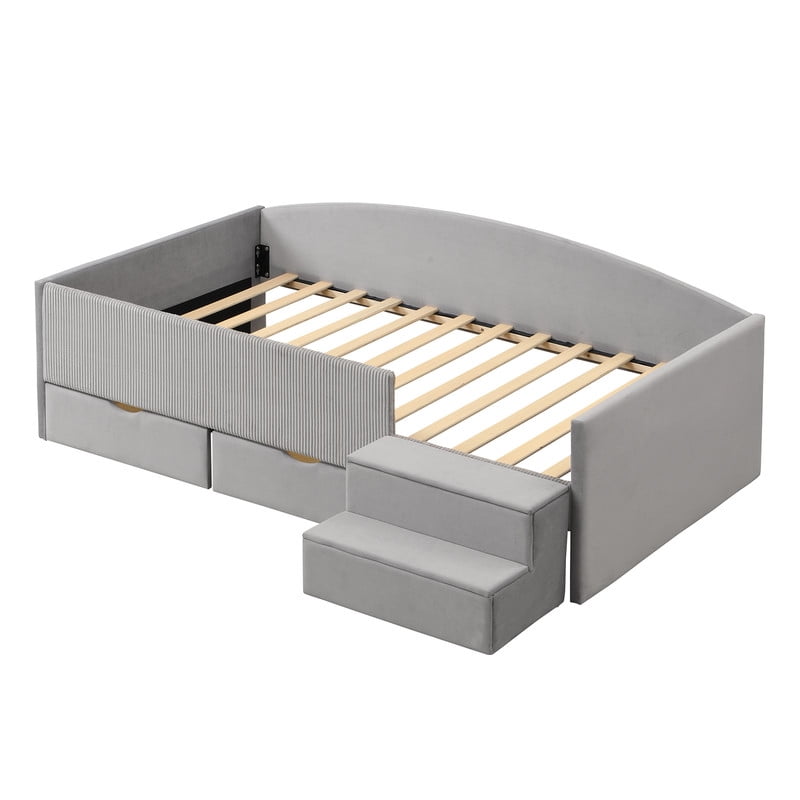 Twin Size Kids Daybed Frame with Small Stair & 2 Storage Drawers, Velvet+Corduroy Dual Upholstered Accent Platform Bed