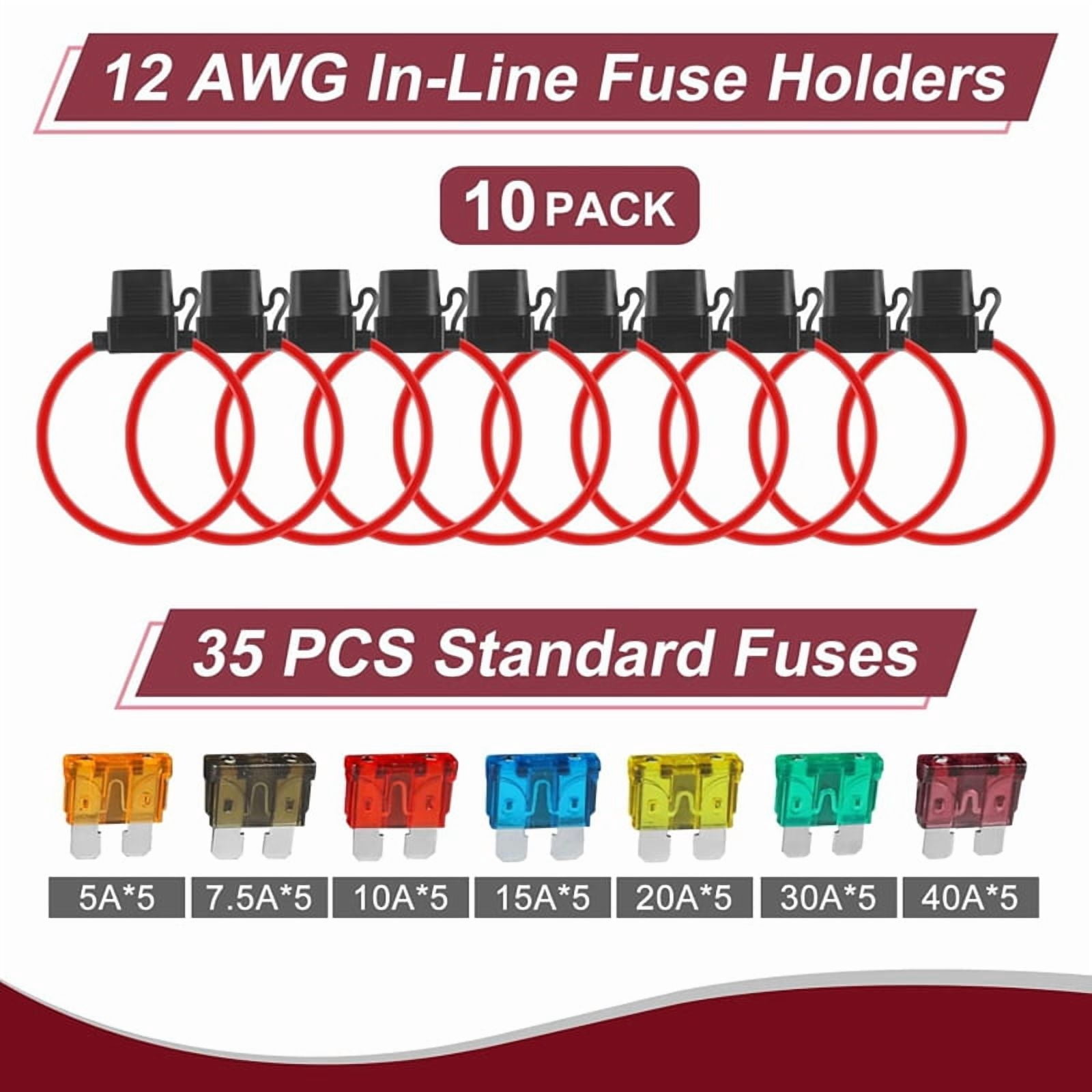 20Pack Inline Fuse Holder 12V,12 AWG Waterproof Fuse Holder with 70Pcs (5A/7.5A/10A/15A/20A/30A/40A) Standard Car Fuses