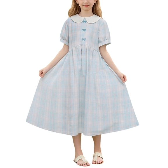 BFHHYA Girls Plaid Midi Dress Casual Peter Pan Collar Puff Sleeve Sundress Youth Fashion Summer Swing Dress Size 8-14 Years