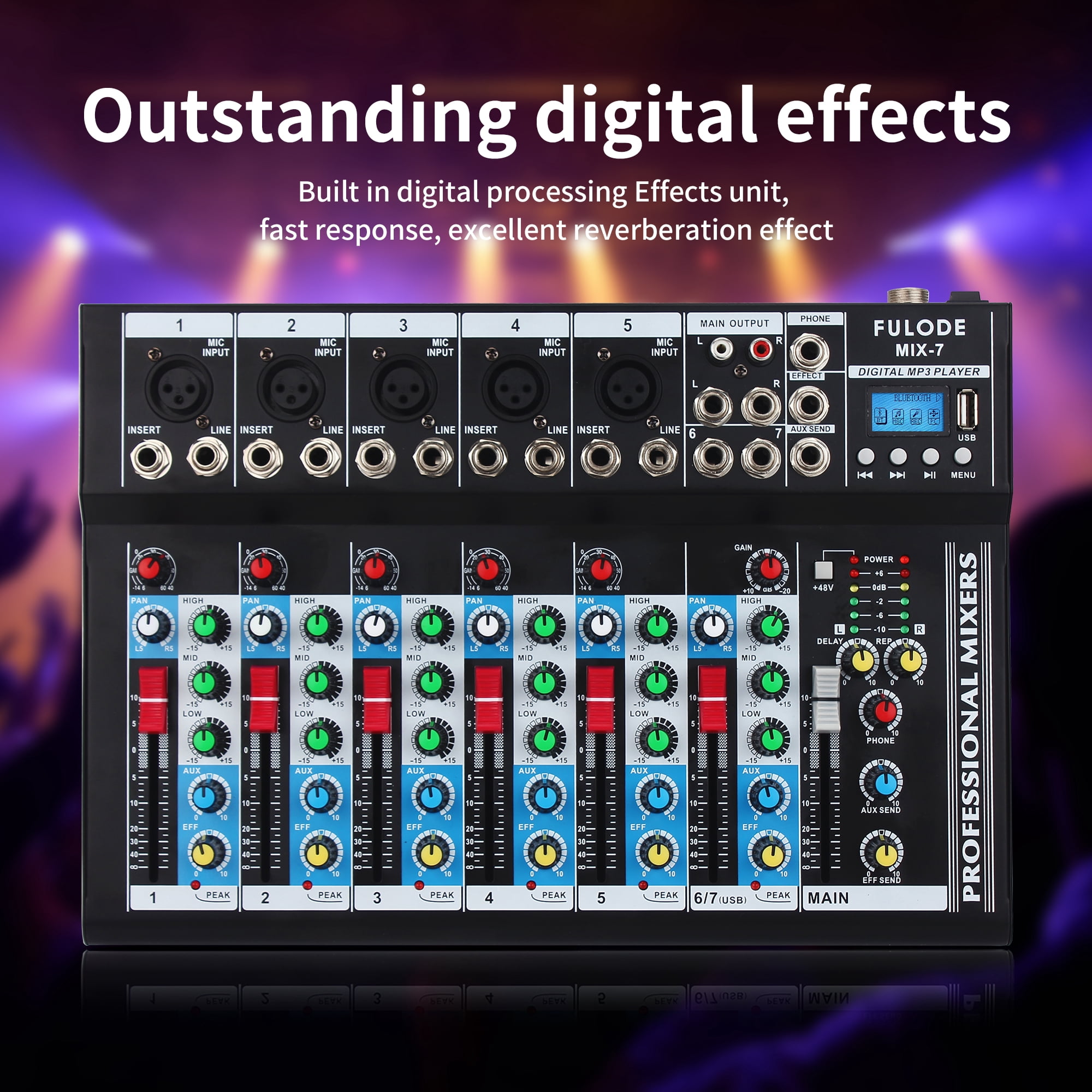 FULODE 7-Channel Audio Mixer USB Bluetooth MP3 Computer Input 48V Phantom Power DJ Controller Audio Mixing Console System