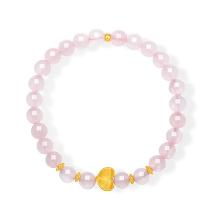 ZHOU LIU FU 24K Solid Gold Heart Pink Crystal Charm Bracelet for Women Dainty Healing Stretch Bracelet for Stress Relief
