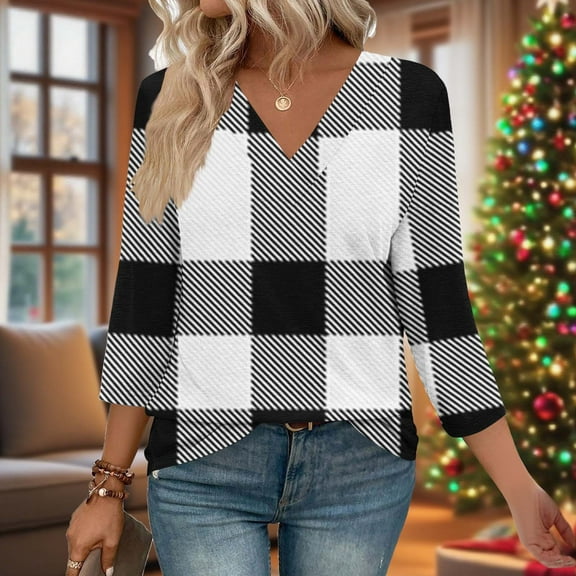 Women's 3/4 Sleeve V-Neck Checkered Print Loose Blouse for Casual Comfort and Stylish Everyday Use