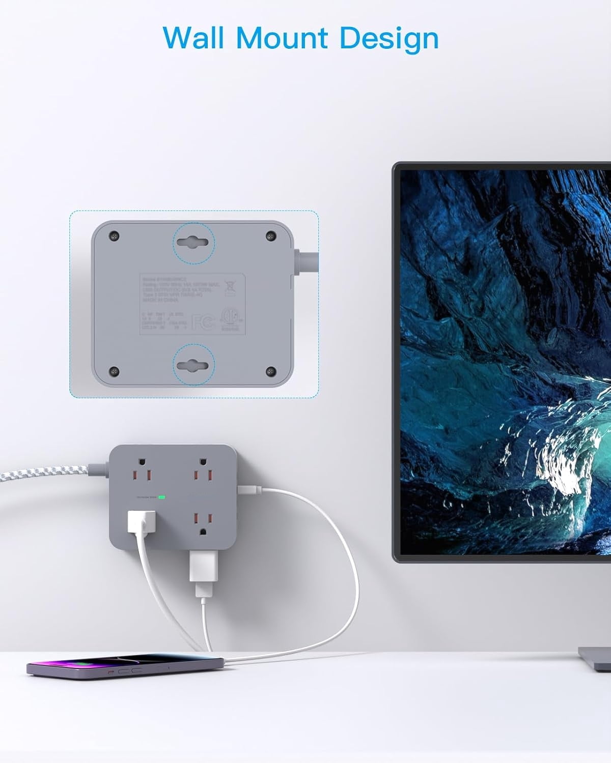 AllWays Plaza Surge Protector Power Strip 15 Ft Long Cord, 8 Outlets 4 USB Ports(2 USB C), Flat Plug, Desk Charging Station for Home Office College Dorm Room Essentials
