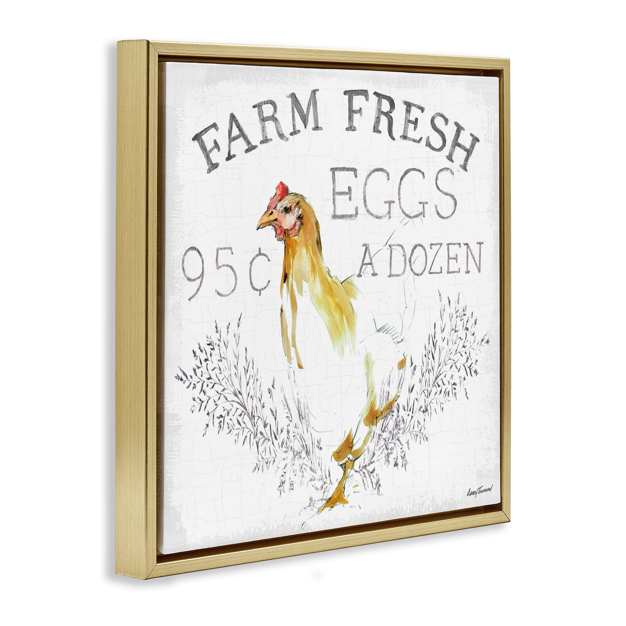 Stupell Industries Chicken Farm Fresh Vintage Sign Landscape Painting Gold Floater Framed Canvas Art Print Wall Art, 18 x 18