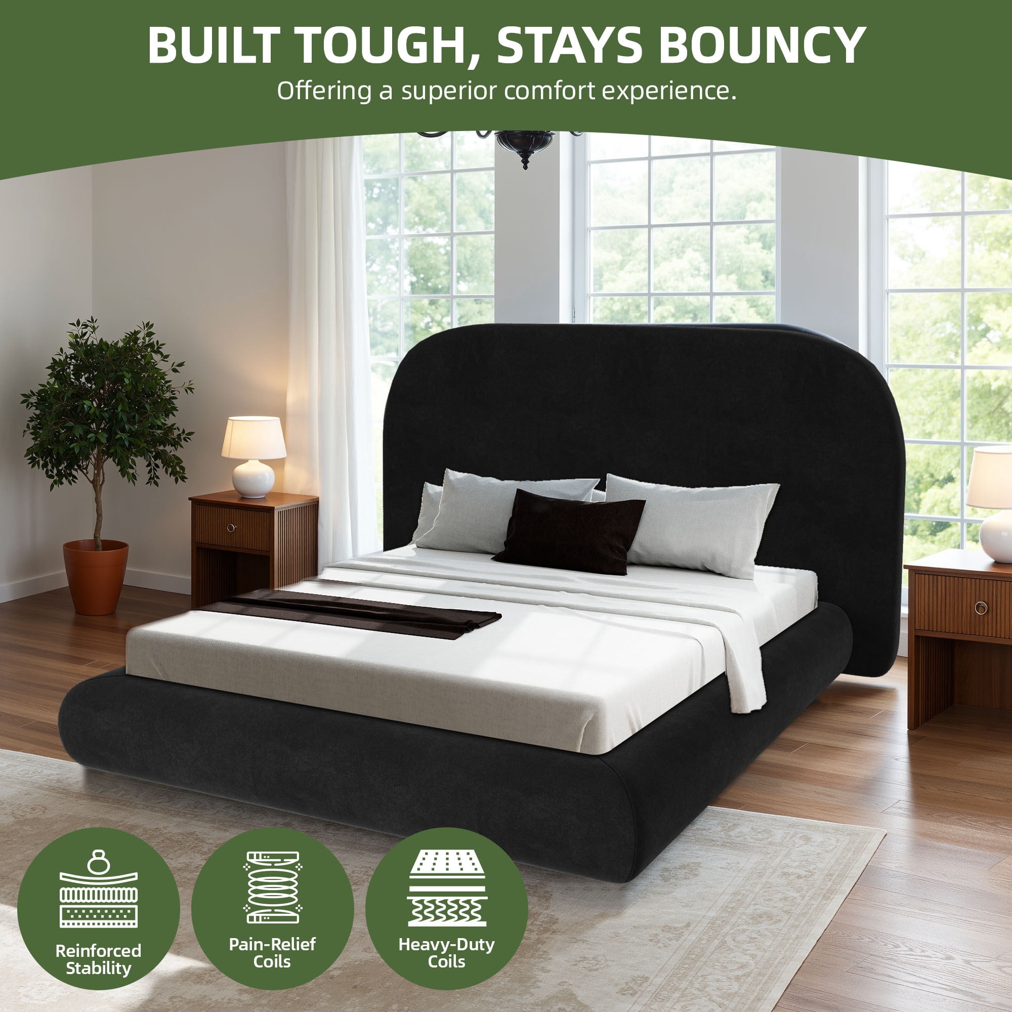 Uforic Queen Size Velvet Upholstered Platform Bed Frame, Contemporary Curved Cloud Bed with Soft Rounded Headboard, Black