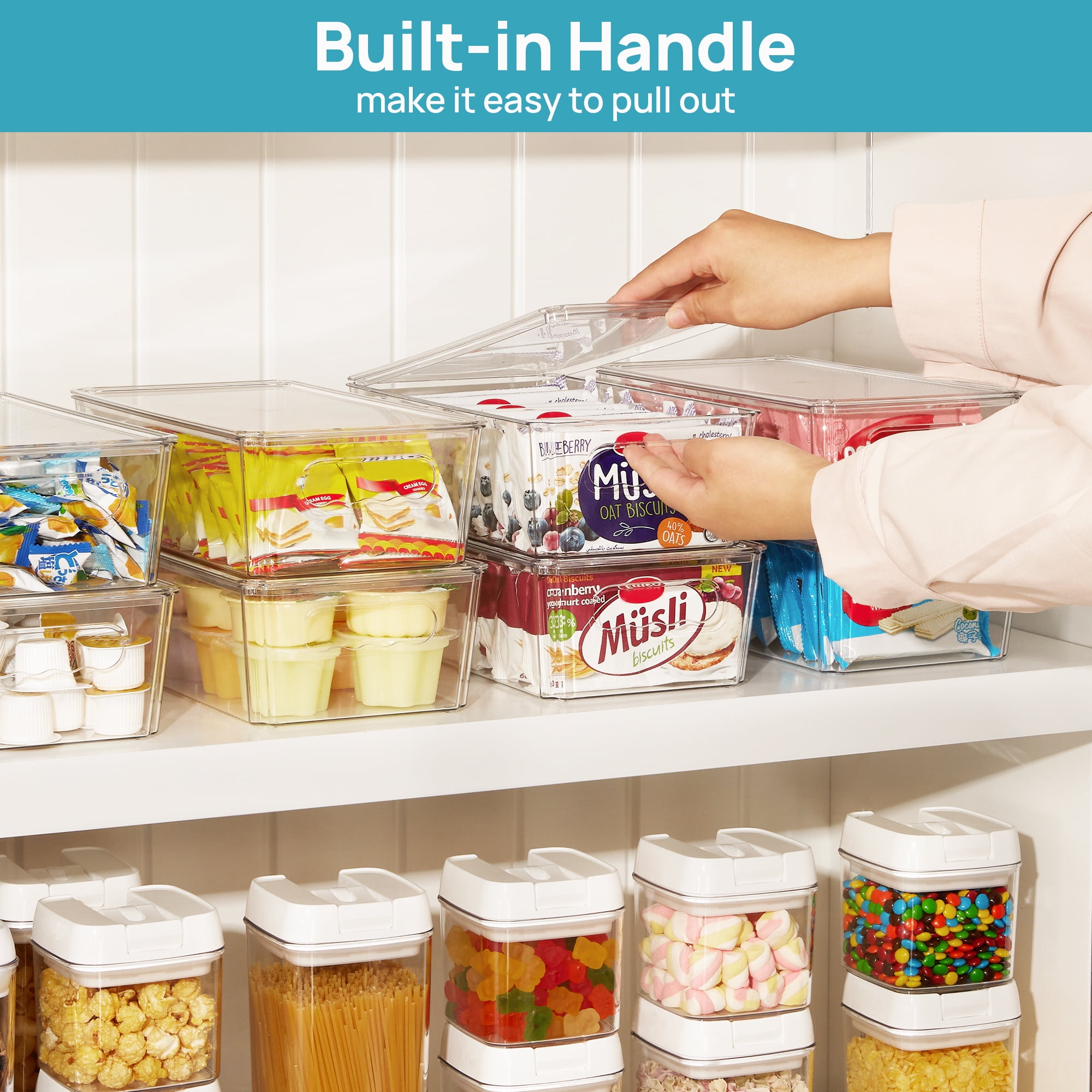 Sindcom 6pcs Clear Organizers Bins with Lids, Stackable Plastic Storage Containers with Handles