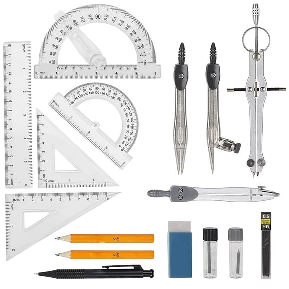 DEBGFS 15-Piece Compass Set with Swing Arm Protractor (6 in), Student Geometry Set. Divider, square, ruler, protractor