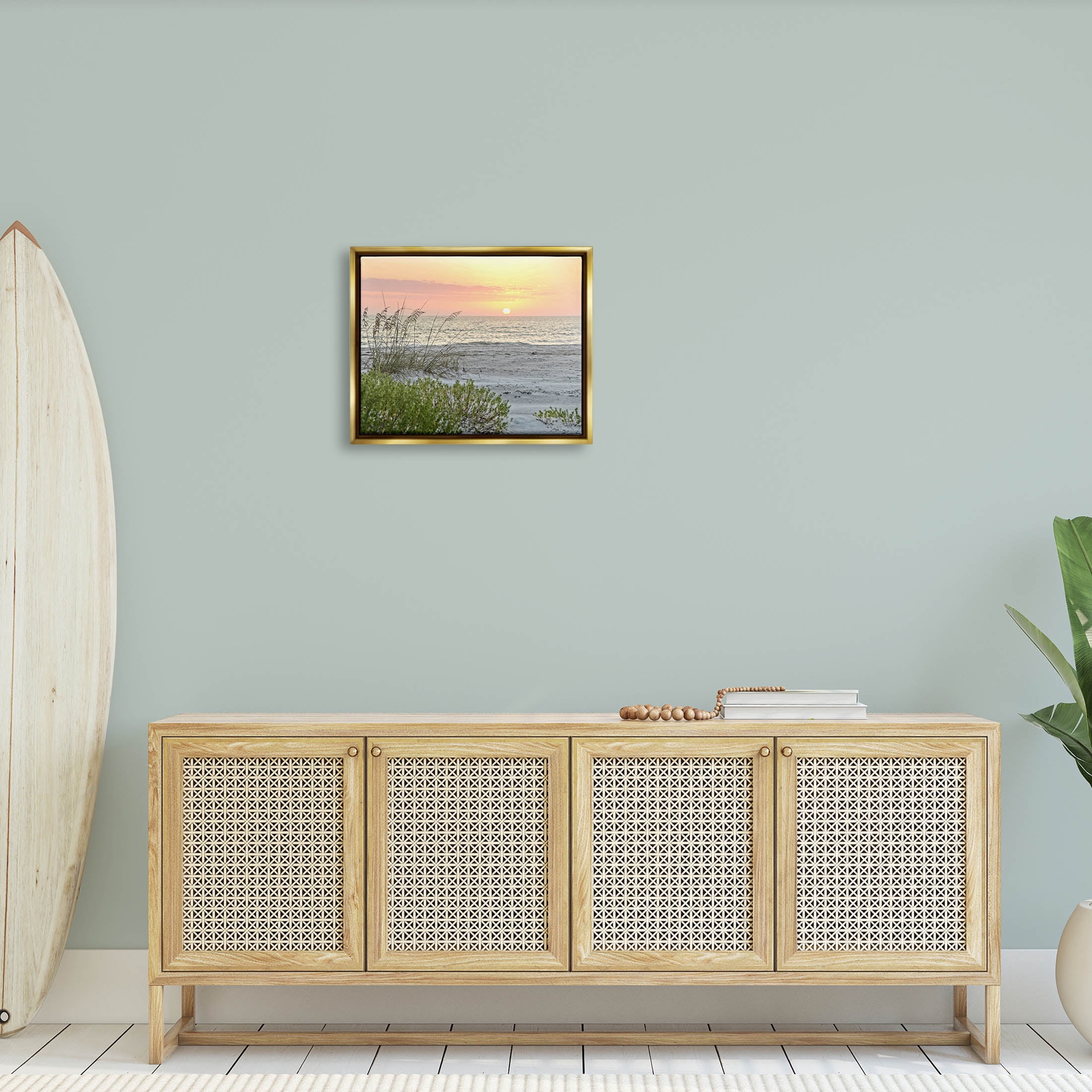 Stupell Industries Ocean Shore Reeds Sunset Horizon Photograph Metallic Gold Floating Framed Canvas Print Wall Art, Design by Mary Lou Photography