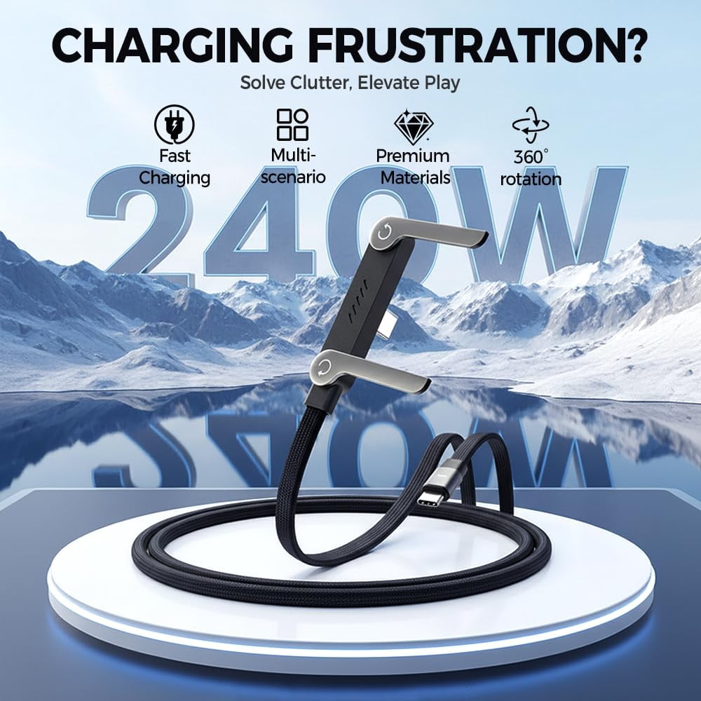 240W Sideways Phone Charger with Built-in Phone Stand, 90 Degree USB-C Cord for Fast Charging and Hands-Free Viewing