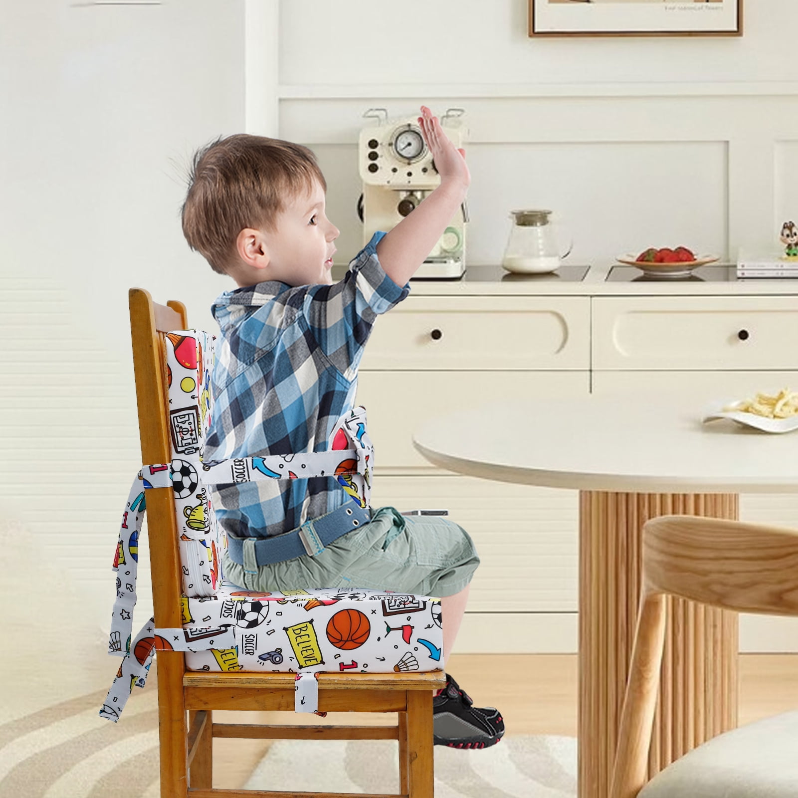 Dznils Toddler Booster Seat for Dining Table, with Backrest, Safety Buckles, Non-Slip Bottom, White