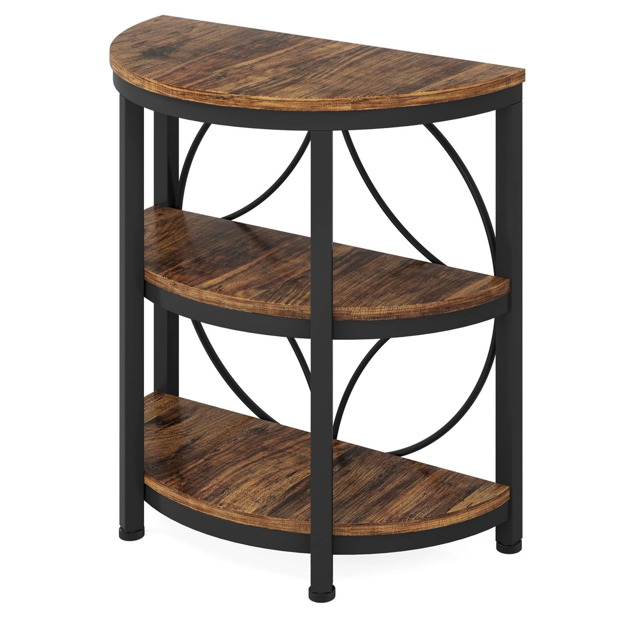 MAYEERTY Half-Round 3-Tier End Side Table, Rustic Brown Particle Board Black Metal Frame with Adjustable Foot Pads