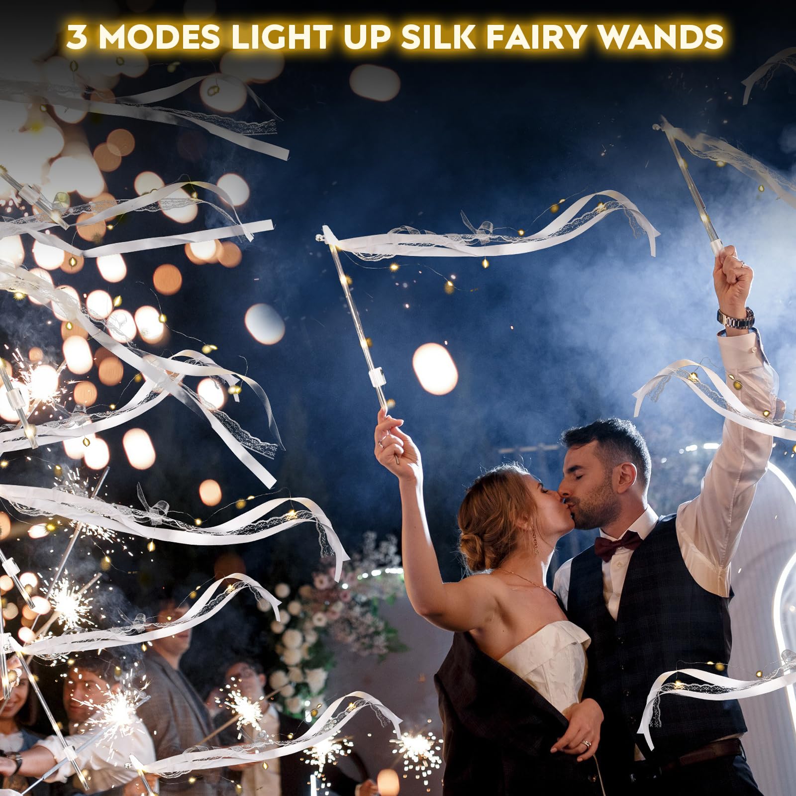 16Pcs Wedding Wands Ribbon Streamers, Light up LED Silk Fairy Wands, Glow Lace Stick with Bells for Wedding Reception, Graduation, New Year, Birthday Party (Warm White)