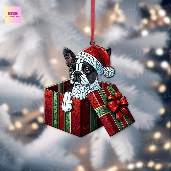 Boston Terrier Christmas Ornament, Peeking Dog in Gift Box