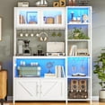 thumbnail image 3 of Bakers Rack with Power Outlet & LED Light, 45.3" Farmhouse Coffee Bar Cabinet, Kitchen Microwave Stand with Storage, Glass Cabinet, Goblet Holder & 8 Hooks, White, 3 of 9