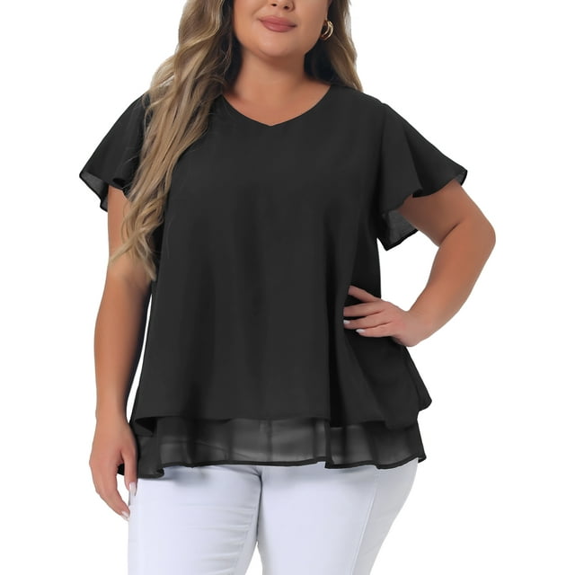 Blusa de gasa de talla grande para mujer Agnes Orinda, con volantes en las mangas cortas, escote en V, dobladillo de doble capa, blusas casuales 2X en negro para el Día de la Madre