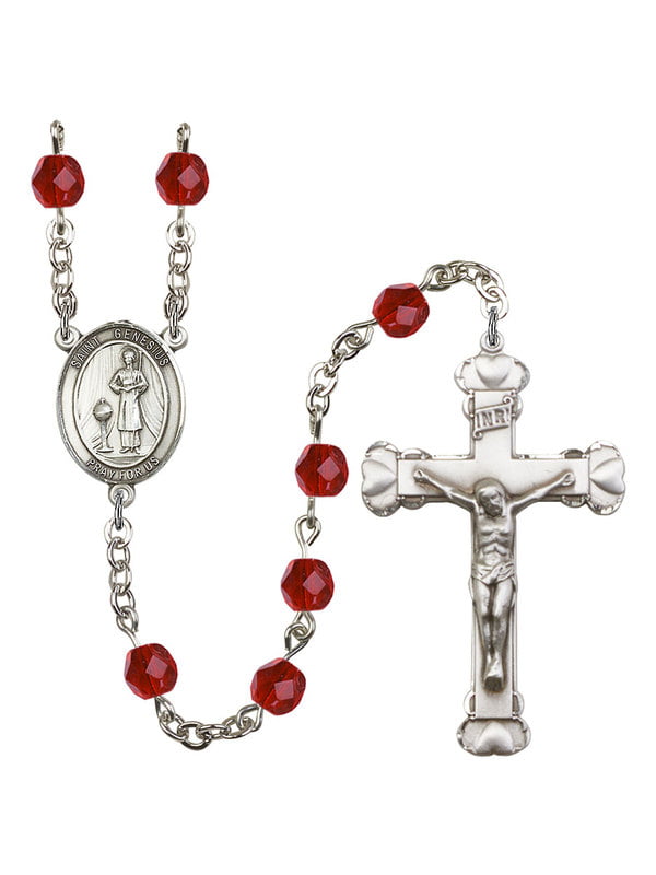 Bonyak Jewelry 18 Inch Rhodium Plated Necklace w/ 6mm Red July Birth Month Stone Beads and Saint Genesius of Rome Charm