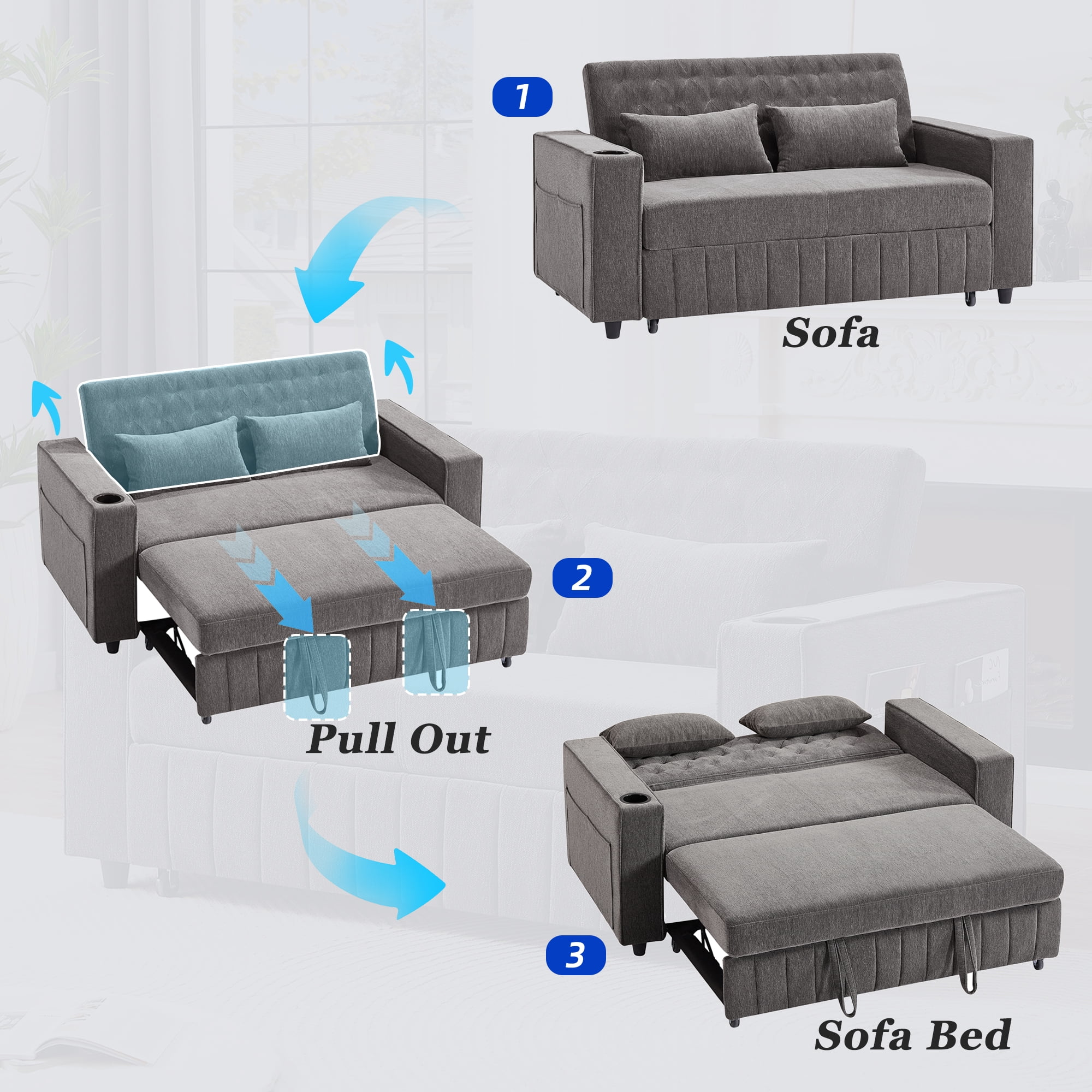 Euroco 61.4" Pull-out Sofa Bed Convertible Couch Loveseat Sofa Modern Sleeper Sofa with Adjustable Backrest for Living Room, Grey