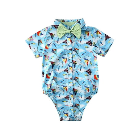 

Caitzr Summer Baby Boy Short Sleeve Turn-down Collar Single-breasted Print Romper Bow Tie Gentleman Outfits