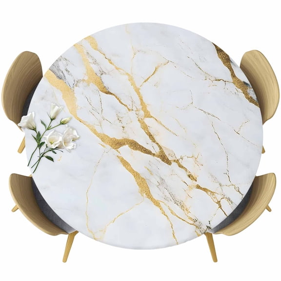Marble White Gold Round Tablecloth 45-54 Inch Round Fitted Table Cloth with Elastic Edge, Modern Marbles Geometric Waterproof Table Cover Protector for Outdoor Picnic Party Dining