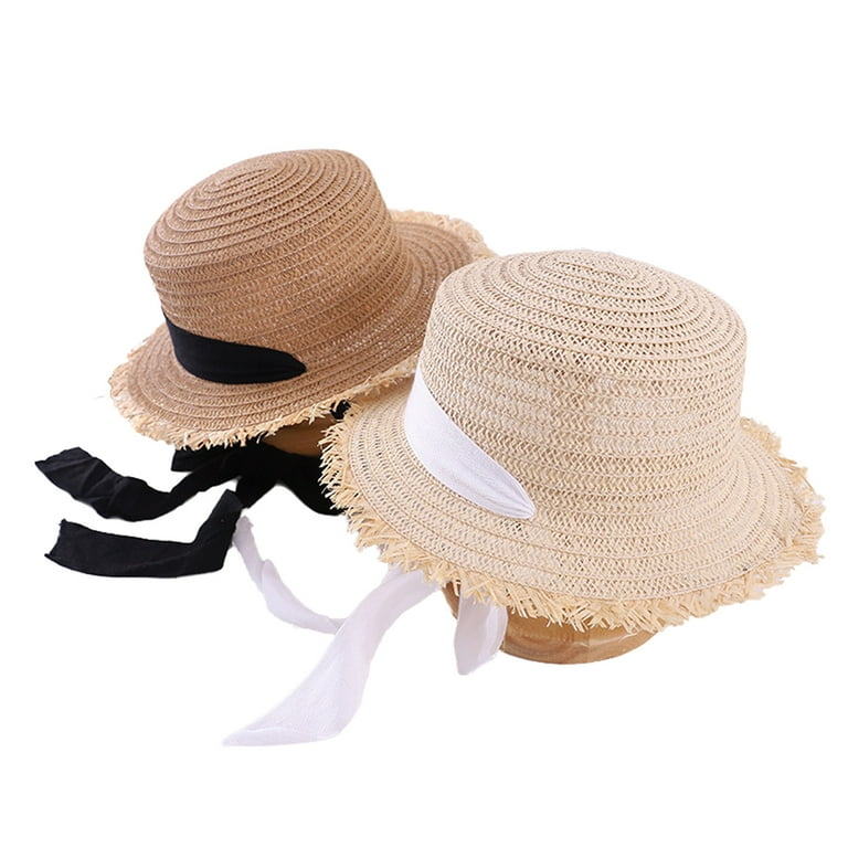 Toddler Girls Straw Boater Hat Wide Brim UV Protection Flat Top Sun Hat with Letter Bowknot