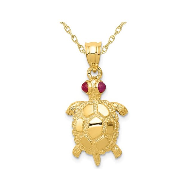 14K Yellow Gold Turtle Charm Pendant Necklace with Chain and Ruby Eyes
