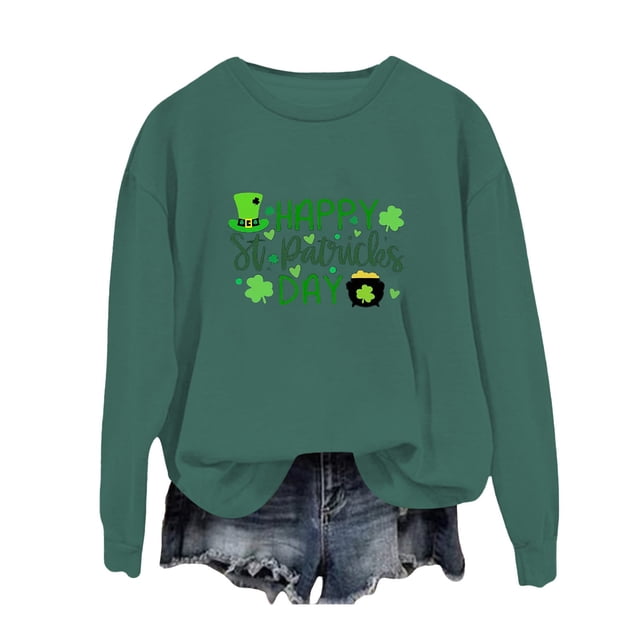 Fadeal Chandail en Molleton pour Femmes St Patricks Printemps Col Rond Imprimé Lettre St. Day Ample Décontracté Chandail à Capuchon St Patricks Day Vert Armée S