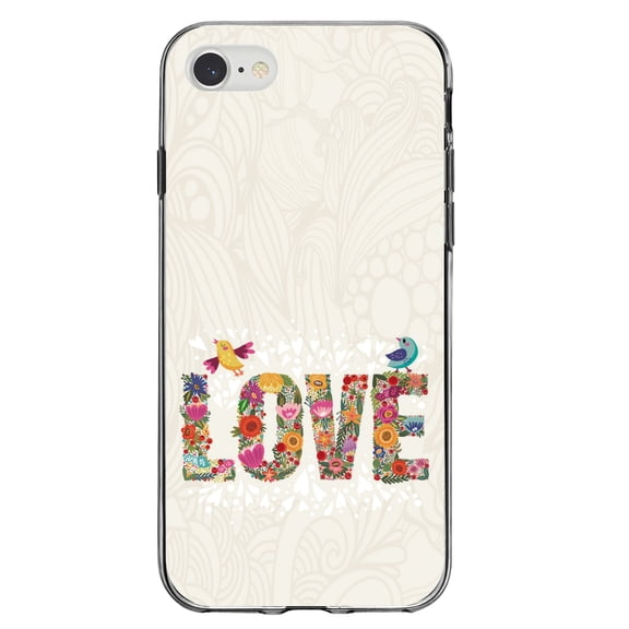 DistinctInk Clear Shockproof Hybrid Case for iPhone 7 8 SE (2020 Model) 4.7" Screen TPU Bumper Acrylic Back Tempered Glass Screen Protector - Spring Collection - Floral LOVE Birds