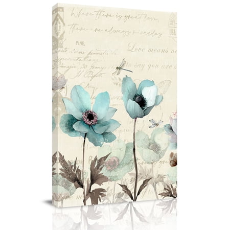 Turquoise Flowers Canvas Wall Art for Living Room Butterfly Dragonfly Watercolor Vintage Letter Wall Decor Framed Artwork Pictures Ready to Hang for Bedroom Office Home Decor