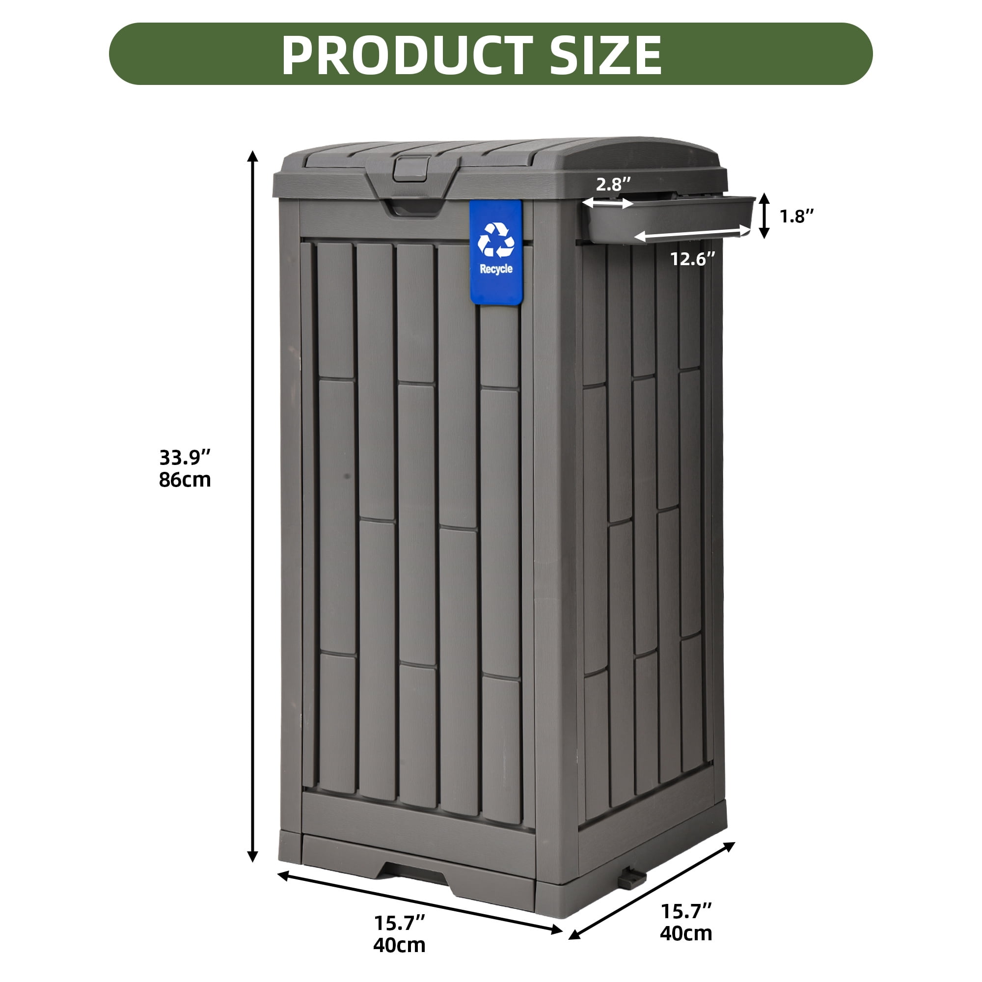 Uforic 38 Gallon Outdoor Resin Trash Can with Lid, Includes Sorting Labels, Ash Holder, Stakes & Suction Cups, Hideaway Storage for Patio Backyard Garden, Light Brown
