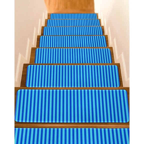 Blue Striped Stair Treads Non Slip for Steps Simple Navy Stripes Modern Style Pastoral 10 Pcs Reusable Adhesive Stair Runner Mats for Dogs Elders Carpet Treads Rugs for Staircase 8x30 In
